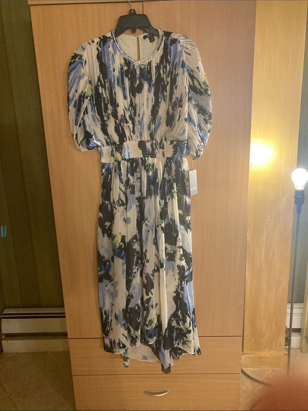BCBG Chiffon Abstract Blue, Purple, Green and Black on Cream Maxi Dress